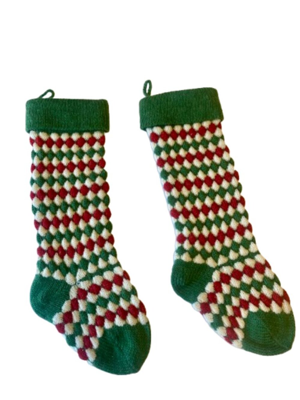 Knit Christmas Stockings Set of Two Green Red White Diamond Pattern